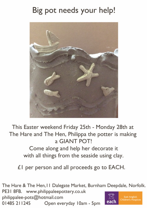Giant Pot Decorating - Please come and help!, The Hare & The Hen, Dalegate Market, Burnham Deepdale, North Norfolk Coast, PE31 8FB | Before Easter Philippa Lee, our resident potter here at Dalegate Market, will be handbuilding a Big Pot. Over the holiday period Philippa would love some help to decorate it! | big, pot, decoration, the hare, the hen, coastal, boats, fish, brids, crabs, lobsters, seashells, burnham deepdale, dalegate market, beautiful, coastline, clay, north norfolk coast